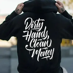 Men's Letter Shirt, Troll Co Clothing Dirty Hands Make Clean Money Hoodie, Mechanic Workwear, Back Printed Streetwear Hoodie	