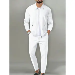 Men’s waffle knit sports set featuring a zip jacket and straight-leg pants, two-piece suit made from breathable fabric; casual office wear; streetwear tracksuit set; fall outfits