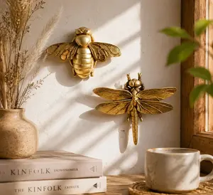 2PC Metallic Gold Insect Resin Hangable Wall Artwork - Cute 3D Stereoscopic Dragon Theme Sculpture - Funky Home Decor Ornament for Living Room, Gift Collectible