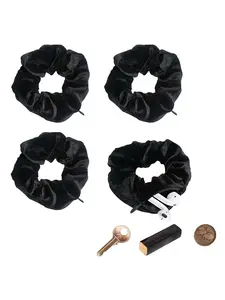 Women's velvet hair tie with zippered pocket - The hair tie has a hidden storage compartment for storing valuables such as cash, lipstick, and keys (Black).