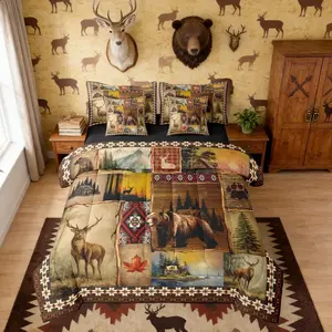 Brown Tribal Buffalo Plaid 7 Pieces Bedding Set,Hunting and Fishing Comforter Set with Sheets,Bear Deer Elk Moose Antlers Bed in A Bag,Rustic Farmhouse Patchwork Bed Sets