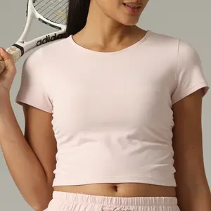 Colorfulkoala Women's Sorona Crew Neck Short Sleeve Tops with Side Ruched Waist Slim Fit Design Workout Shirt