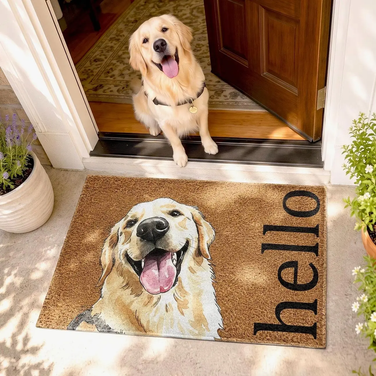 Custom Pet Portrait Watercolor Doormat, Personalized Dog Cat Welcome Mat, Pet Lover Gift, Family Dog Door Mat
