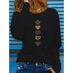 Women's Long Sleeve T-Shirt - Stretchy All-Season Top with Heart Print in Brown/Beige/Black/White/Gray/, Soft Breathable Fabric (95% Polyester/5% Spandex/180g), Everyday Casual & Formal Outfits - Non-See-Through Layering Essential,