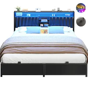 Aheaplus Bed Frame with Charging Station & Led Lights, Platform Bed with Leather Upholstered Headboard and Storage, Metal Slats Support No Box Spring Needed, Noise-Free Easy Assembly, King Size,Queen Size and Full Size to Choose
