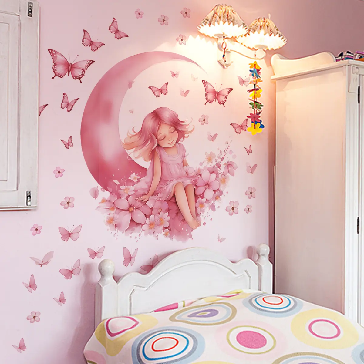A set of two (30*60cm*2pcs) pink moon sleeping fairy butterfly flower cluster wall stickers, Decorative Wall Sticker, Floral Pattern Sticker, Wall Decal, Floral Wall Decals, suitable for living room, bedroom home decor, self-adhesive, MS7658-NL