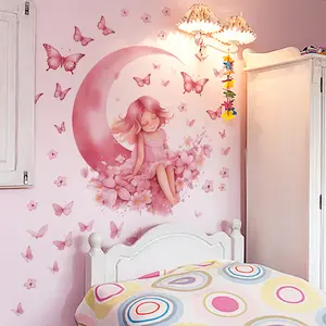 A set of two (30*60cm*2pcs) pink moon sleeping fairy butterfly flower cluster wall stickers, Floral Pattern Sticker, suitable for living room, entrance, bedroom home decoration and beautification, self-adhesive, MS7658-NL
