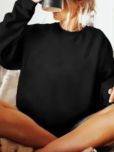 Women's Plain Round Neck Pullover Sweatshirt, Casual Long Sleeve Crew Neck Sweatshirt for Daily Wear, Ladies Fall & Winter Clothes, Hoodie