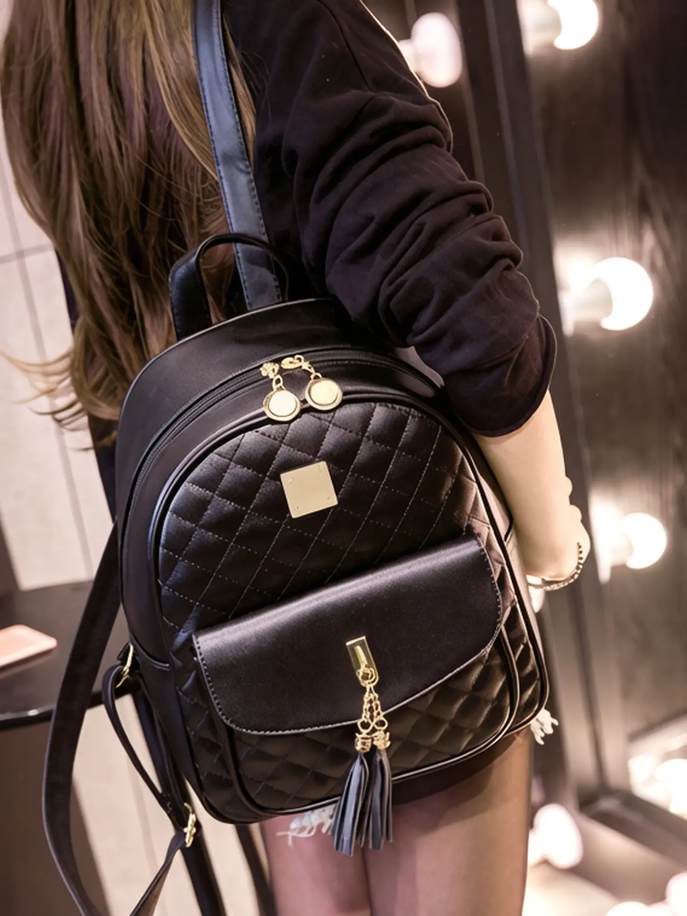Stylish Black Quilted Tassel Backpack, Lightweight Backpack for Daily Wear