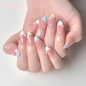 Macaron Star Handmade Press-On Nails | Short Almond Shape, 10pcs Handmade | Nude Pink Base with Macaron Stars & French Tip Pearls | High Gloss Mirror Finish | Reusable DIY Manicure Nail Kit for Women Daily Wear | Trendy Soft Girl Aesthetic False Nails