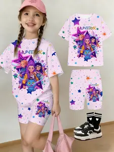 Girls Kpop Korean Style Summer Fashion Comfortable Short Sleeve Top & Yoga Shorts Set, Cute Cartoon Anime Print, Casual Daily Wear