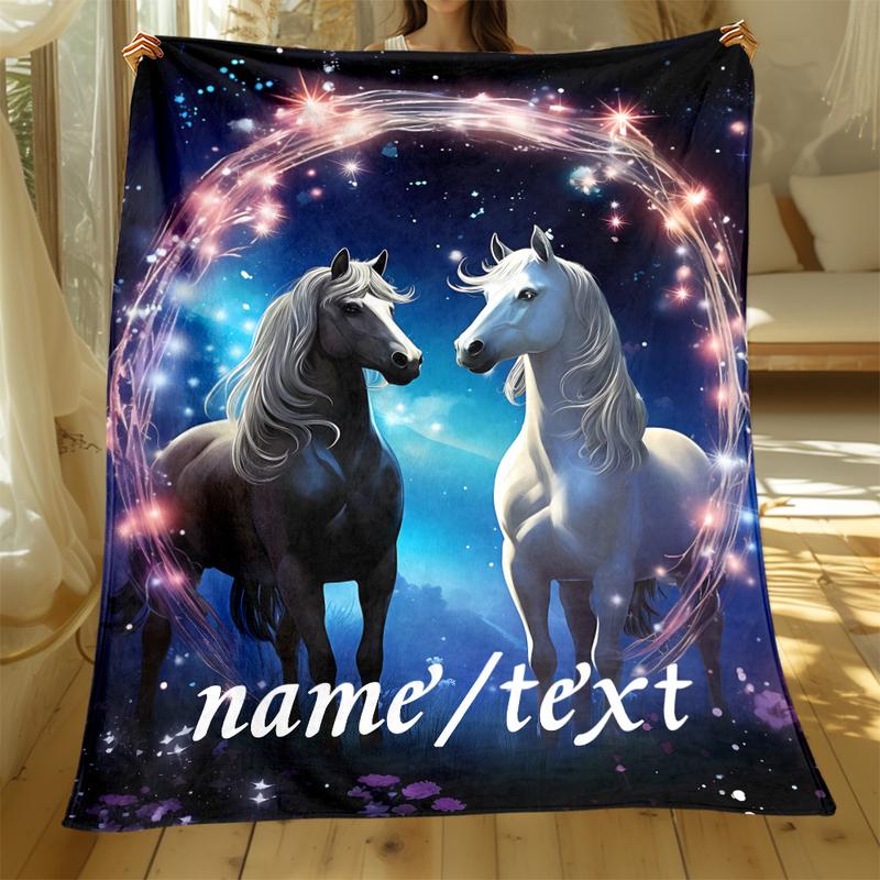 1Pc Dreamy White & Black Horse Print Flannel Blanket - Soft, Lightweight Throw With Cosmic Starry Night Design For Sofa, Bed, Travel, Camping & More - Machine Washable Fleece Fabric - Available In 3 Sizes (78.74X119.38Cm, 127.0X152.4Cm, 152.4X203.2Cm), Co