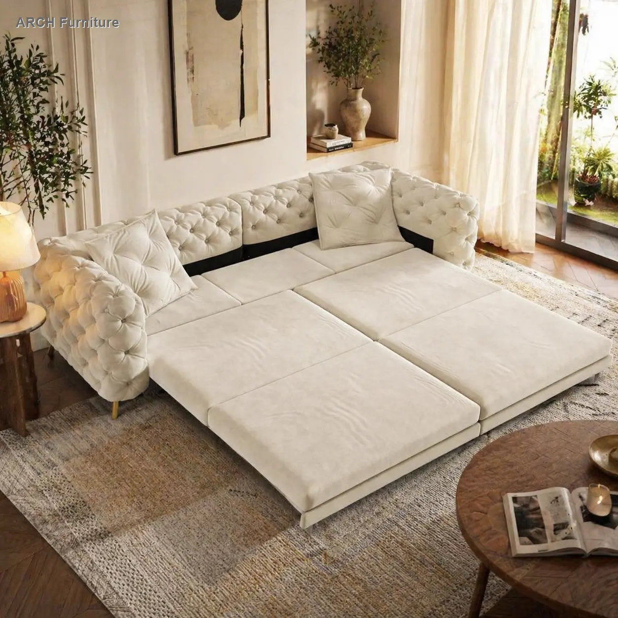Beige-White Velvet 4-Seater 3-in-1 Convertible Sofa Bed - Iron Frame, Sponge-Filled Deep Seat, Button Tufting, Movable Ottoman, King Size Bed Option, Invisible Sofa Legs, Space-Saving Indoor Living Room Sofas, Requires Assembly, Sofas Living Room