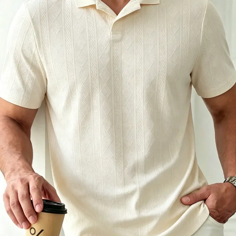 Men's Solid Rhombus Jacquard Knit Polo Shirt, Regular Fit Casual Short Sleeve Collared Top for Summer, National Day Clothing, Fashion Menswear Men's Clothes for Daily Wear，summer outfits，mensfashion，mens clothing，guys giftsJacquard polo shirt funny men fa