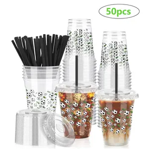 Reusable Plastic Clear Cups Set with Lids & Straws, Ideal for Football Matches, Birthday Parties, Team Celebrations, Pack Sizes 10/20/50, Party Supplies