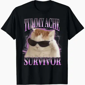 I Survived Today's Tummy Ache Silly Cat Meme T-Shirt Funny Saying Graphic Tee Vintage Cute Humor Short Sleeve Soft Cotto Classic Fit Cotton Shirt
