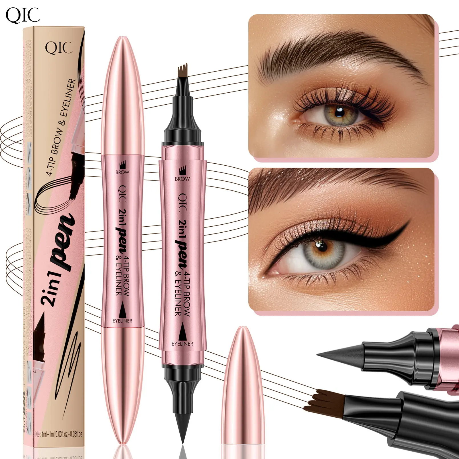 Microblading Eyebrow Pen, 2-in-1 Brow Pencil & Eyeliner Tool with 4 Fine Tips for Natural Hair-Like Strokes, Waterproof Long Lasting Makeup
