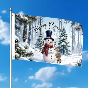 Double-sided Upgraded 3x5 FT Christmas Flag - Double Sided Printing Snowman & Deer Forest Scene, No Electricity Needed Outdoor Yard Decor for Patio Courtyard Holiday Season, Single-Sided with Two Holes for Hanging
