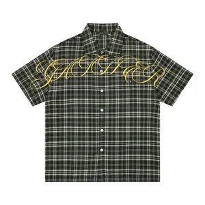 Inflation Plaid Embroidery Open Collar Shirt Men Y2K Oversized Short Sleeve Streetwear Button Up fathersdaygift