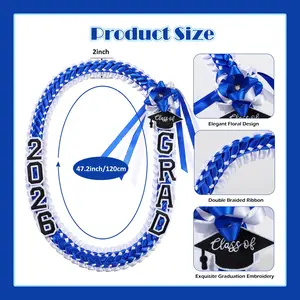 2026 Graduation Leis for Him Her - Hand-Woven Blue Braided Ribbon Lei with GRAD Letters & Cap Charm, Adjustable Graduation Money Lei with Safety Pins for Class of 2026 Graduation Ceremony Party Favors
