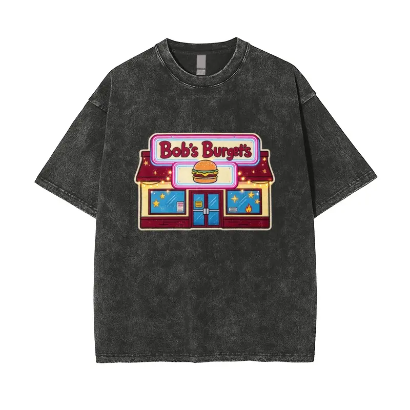 Women's Vintage Wash Bob's Burgers Restaurant Sign Graphic T-shirt, Unisex Streetwear Short Sleeve Crewneck, Summer Casual Breathable Top