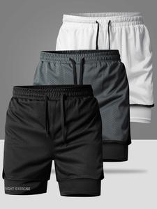 Three Men's Sports Shorts Casual Sporty Style, Double Layer Design with Snug Inner Layer and Breathable Mesh Outer Layer, Drawstring Waistband for Adjustable Fit, Side Details are Simple and Streamlined, Perfect for Daily Night Runs, Unrestricted Moveme t