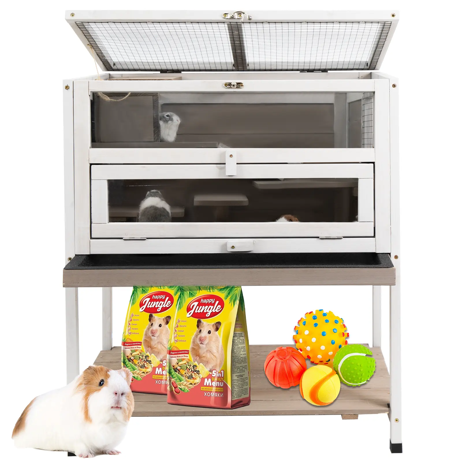 Petscosset Hamster Cage,Indoor Wooden Guinea Pig Cages with Hideout and 2 Ramps,Small Animal Cage for Hedgehog,Gerbil,Rat,Chinchilla with Not Leakage Pull Out Tray and Spacious Storage Shelf