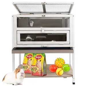 Petscosset Hamster Cage,Indoor Wooden Guinea Pig Cages with Hideout and 2 Ramps,Small Animal Cage for Hedgehog,Gerbil,Rat,Chinchilla with Not Leakage Pull Out Tray and Spacious Storage Shelf