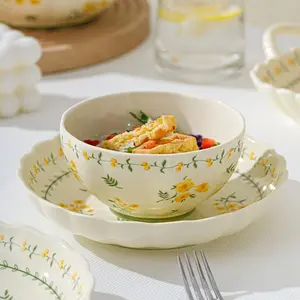 10 piece ceramic tableware set, small yellow flower pattern, yellow color, very suitable for spring, ceramic dinnerware set, including dipping dishes, bowls, plates, chopsticks, spoons and other tableware, microwave safe, machine washable