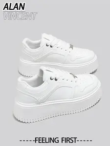 Spring New Women's Thick Rubber Sole Sport Shoes, Casual Fashion Comfortable Low Top White Sneakers, Height Increasing Shoes for Short Girls