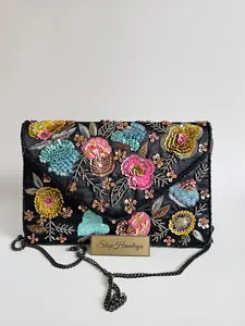 Floral Embroidered Sequin Clutch Bag - Black Evening Purse with Detachable Chain Strap for Women's Formal Events & Parties