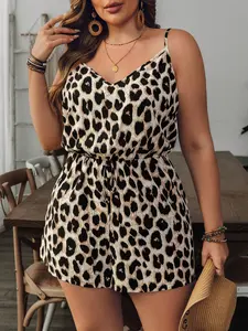 Plus Size Leopard Printed Strap Jumpsuit Casual Romper Leopard Print