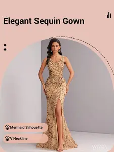 Elegant Women's Sequin Evening Gown, Slim-Fitting V Neck with Split, Long Mermaid Dress for Parties and Weddings, Formal Wear