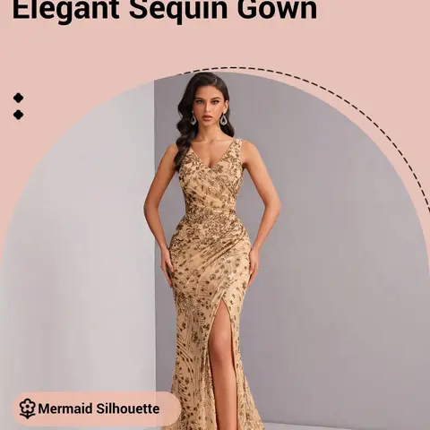 Elegant Women's Sequin Evening Gown, Slim-Fitting V Neck with Split, Long Mermaid Dress for Parties and Weddings, Formal Wear