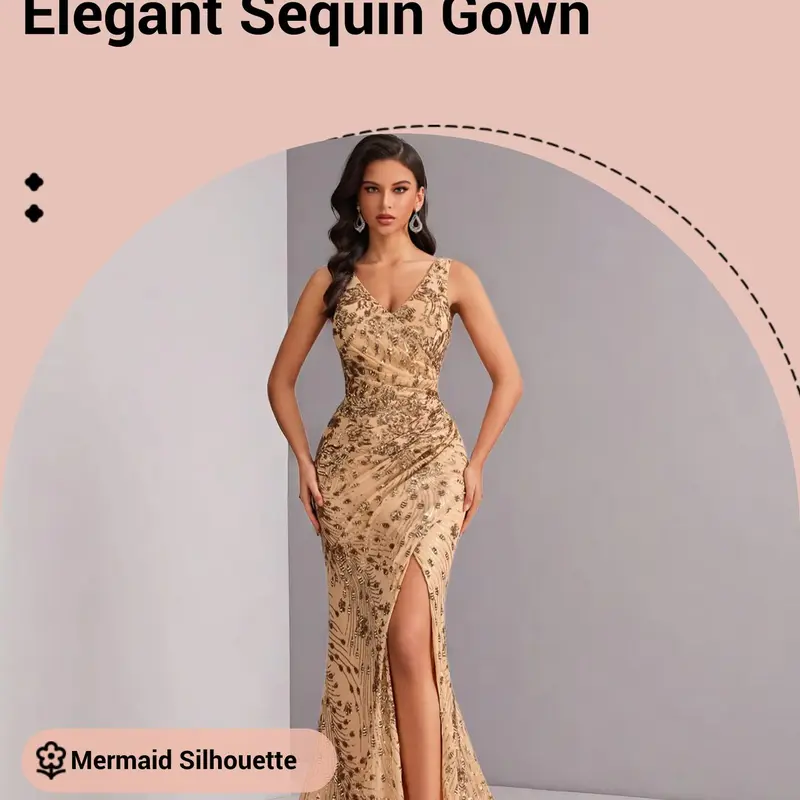 Elegant Women's Sequin Evening Gown, Slim-Fitting V Neck with Split, Long Mermaid Dress for Parties and Weddings, Formal Wear