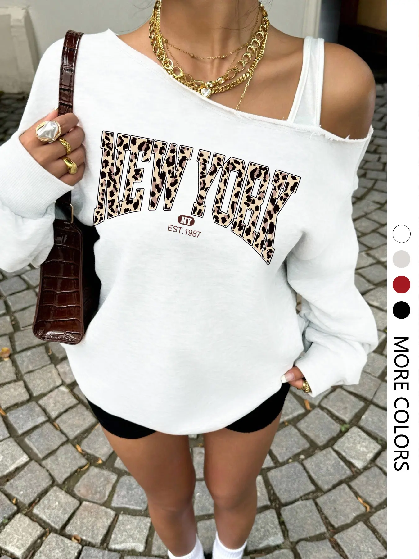 Women's Long Sleeve Asymmetrical Neck Leopard Print Casual Vibe Sweatshirt Hoodie, Loose Fit Retro Style, Comfortable Fall & Winter Top, Womenswear, White