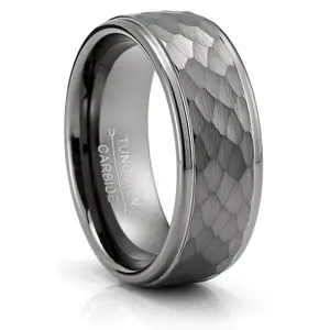Men's Black Tungsten Ring Wedding Band Gunmetal Hammered 8MM Comfort-Fit