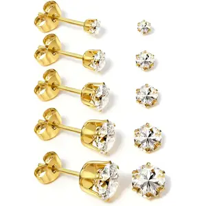 5 Pairs Stainless Steel Stud Earrings Set Silver 14K Gold Plated Stud Earrings 316L Hypoallergenic Cubic Zirconia CZ Earring for Women 3-7 mm