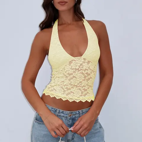 Lace Halter V Neck Crop Top 2025 Summer New Sleeveless Casual Slim Short Top for Party Club Women's Sexy Elegant Holiday Vacation Wear