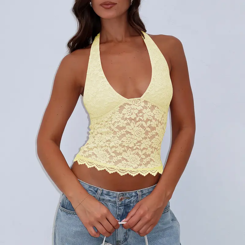 Lace Halter V Neck Crop Top 2025 Summer New Sleeveless Casual Slim Short Top for Party Club Women's Sexy Elegant Holiday Vacation Wear