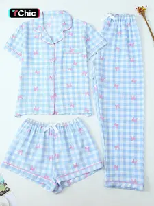 Bear Plaid Bow Print Pajama Set, Short Sleeve Collared Top with Pockets, Casual Fitted Sleepwear for Home Use, All Seasons Comfort