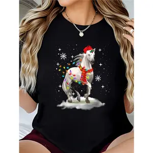 Cute Horse Santa Hat Christmas Lights Xmas Holiday Costume T-Shirt  graphic tees women crop tops summer outfits for women summer tops T-Shirt