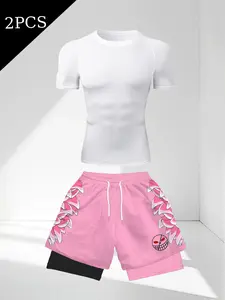 Men's Round Neck Slim Fit T-Shirt and 3D Print Double Layer Shorts Set, Comfortable Breathable Quick Dry, Ideal for Basketball Football Fitness Running