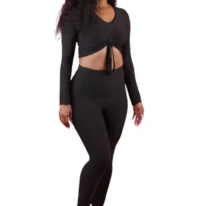 Glam Luxe 2 Piece Honeycomb Legging Set (Black) Long Sleeve Womenswear Fit