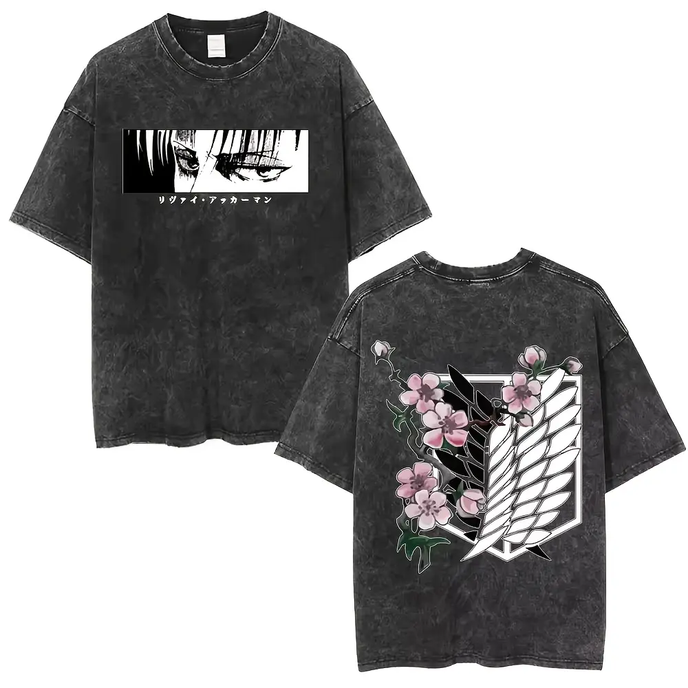Anime Attack on Titan Washed T Shirt Men Cotton Casual Short Sleeve T-shirt Manga Levi Ackerman Oversized T-shirts Streetwear2