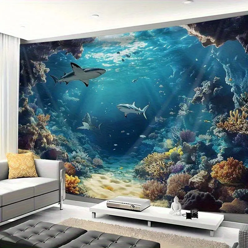 1pc Fabric Underwater Shark Printed Tapestry- 100% Polyester Brushed Fabric Wall Hanging Decor with Ocean Theme for Living Room, No Battery or Electricity Needed Gift, Modern, One-Piece