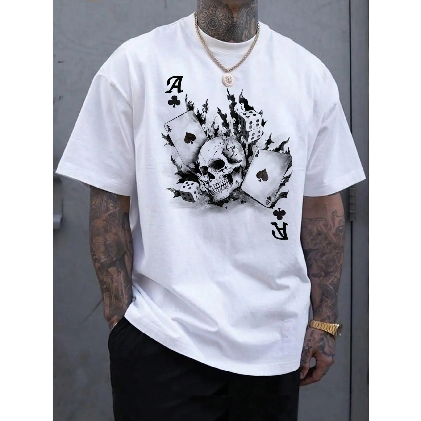 Men Skulls & Poker Cards Graphic Printed Short Sleeve T-Shirt, For Going Out, For Friends cool graphic tee Round Neck Cotton tshirt tee men