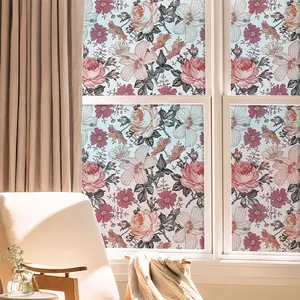 Vintage French Floral Frosted Glass Window Sticker – Translucent, Opaque Privacy Film for Bathroom & Home Use