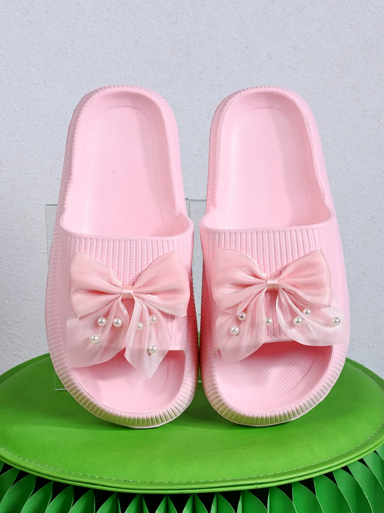 Summer New Thick Sole Anti-Slip Comfortable Women Trendy Casual Slippers, Home Outdoor Walking Street Casual Wear, Soft Bottom Pearl Bow DIY Slipper, Footwear