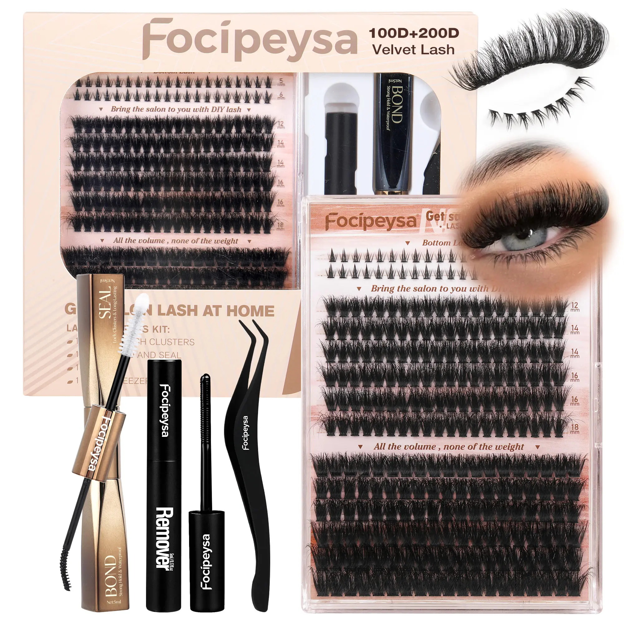 Focipeysa 100D+200D with Bottom Lashes | Velvet Lashes |Professional Salon Lash Extensions Look, Home Application | 12-18mm D Curl | Waterproof, Ultra-Dense & Long Lasting | Effortless DIY D-Curl for a Volume Fluffy Eye Look